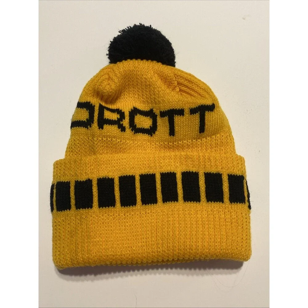 Vintage DROTT Heavy Equipment Winter Hat Cap Beanie Hipster Yellow Black PomPom